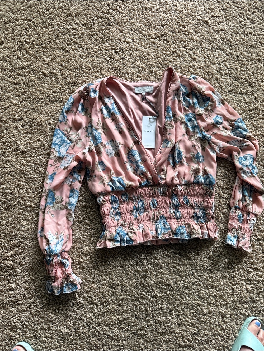 Wayf Dusty Rose Floral Wrap Blouse with Blue Flower Print